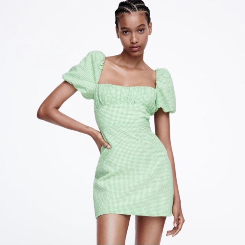 Zara Green Gingham Puff Sleeve Tie Back Mini Dress